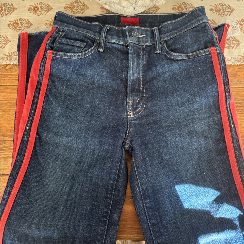 MOTHER Dark Wash Denim Ankle Jeans with Red Side Stripe